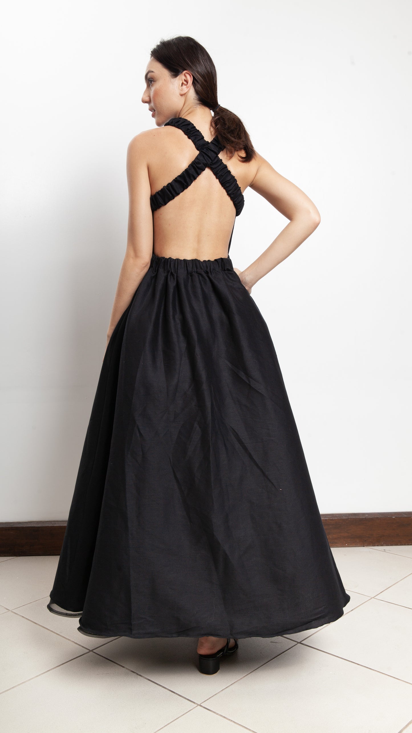 Elastic Waist Criss Cross Back Dress - Black Linen