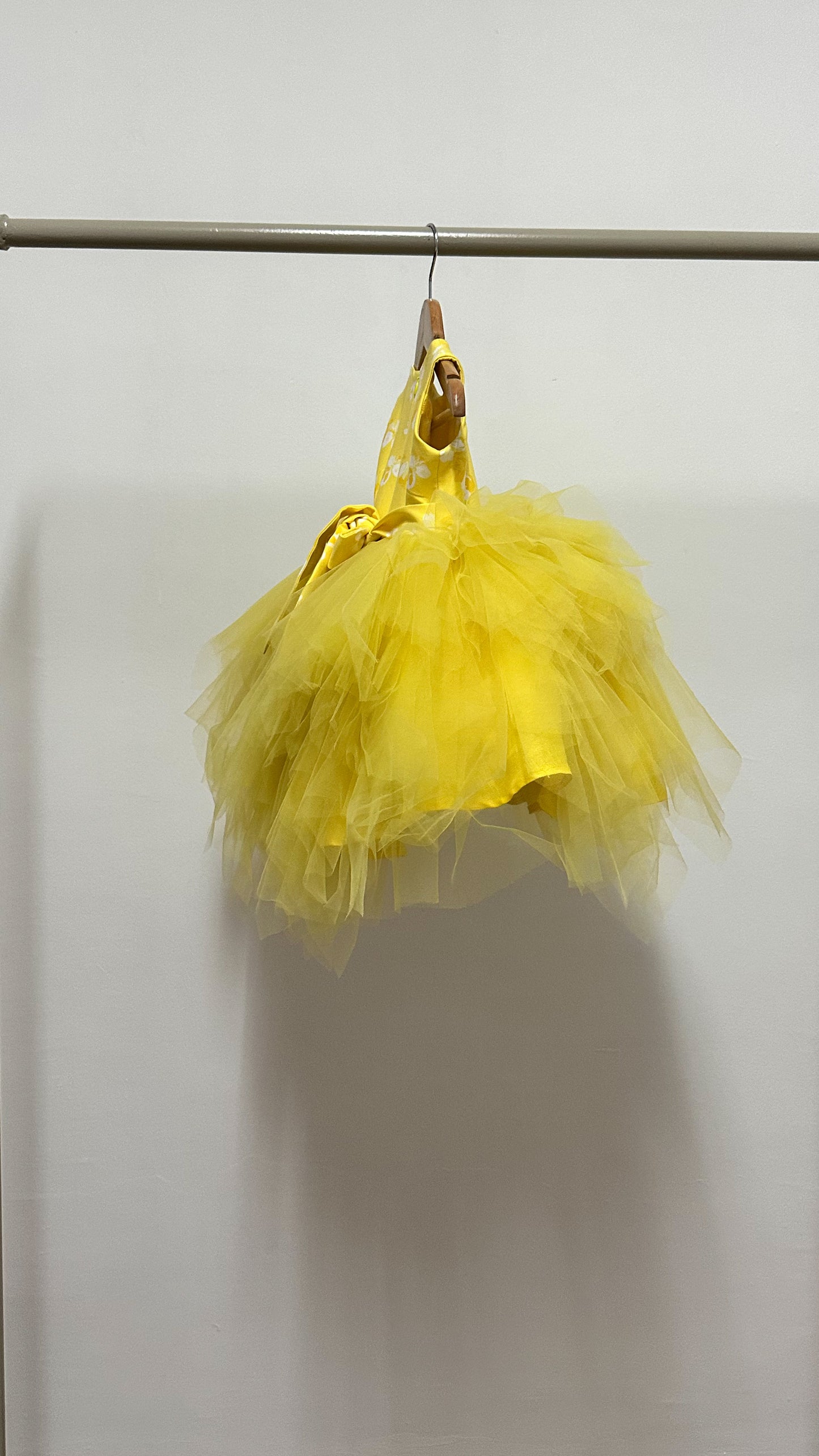 Sleeveless Midi Uneven Hem Tulle Dress - Yellow Floral Cotton