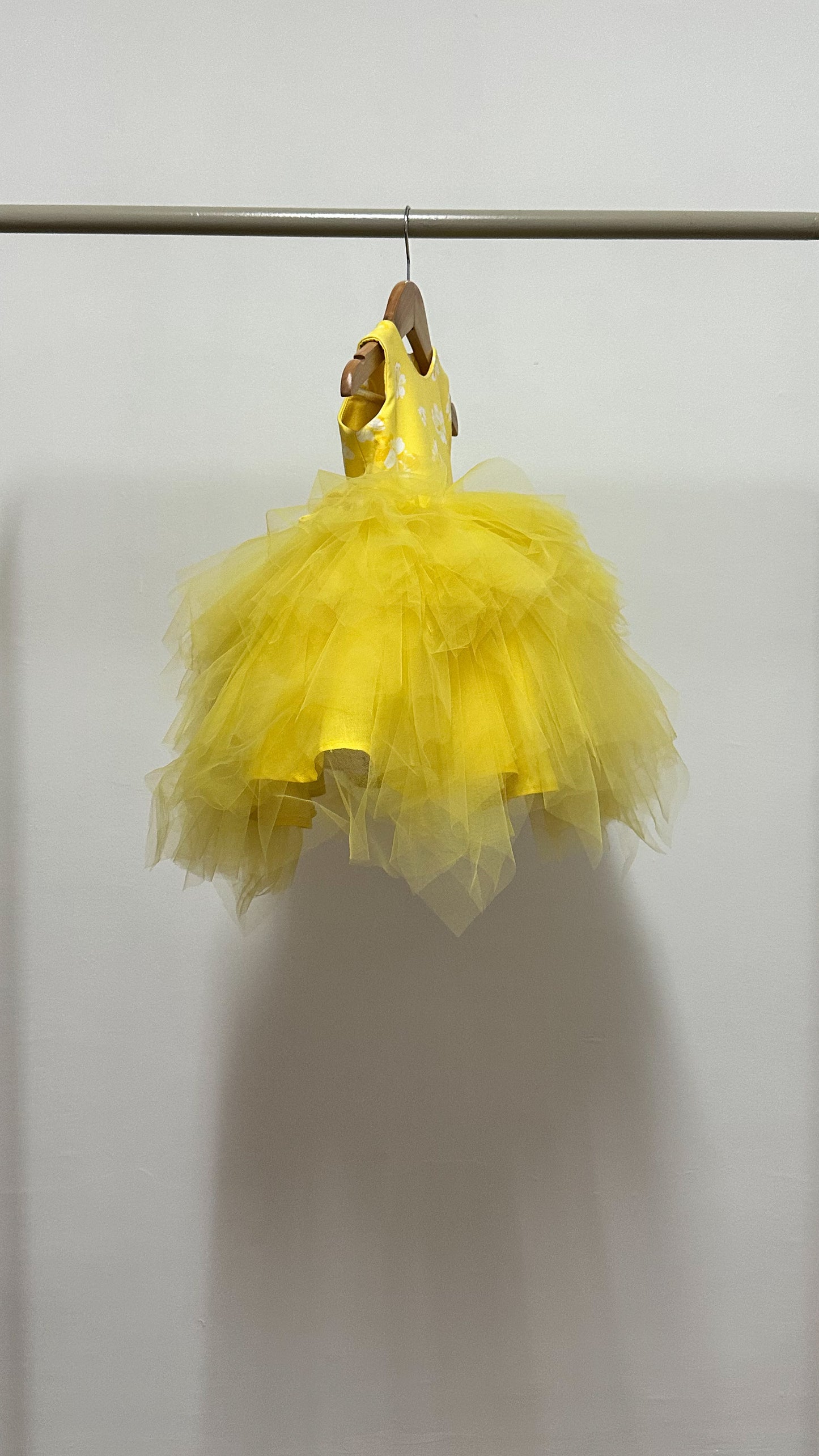 Sleeveless Midi Uneven Hem Tulle Dress - Yellow Floral Cotton