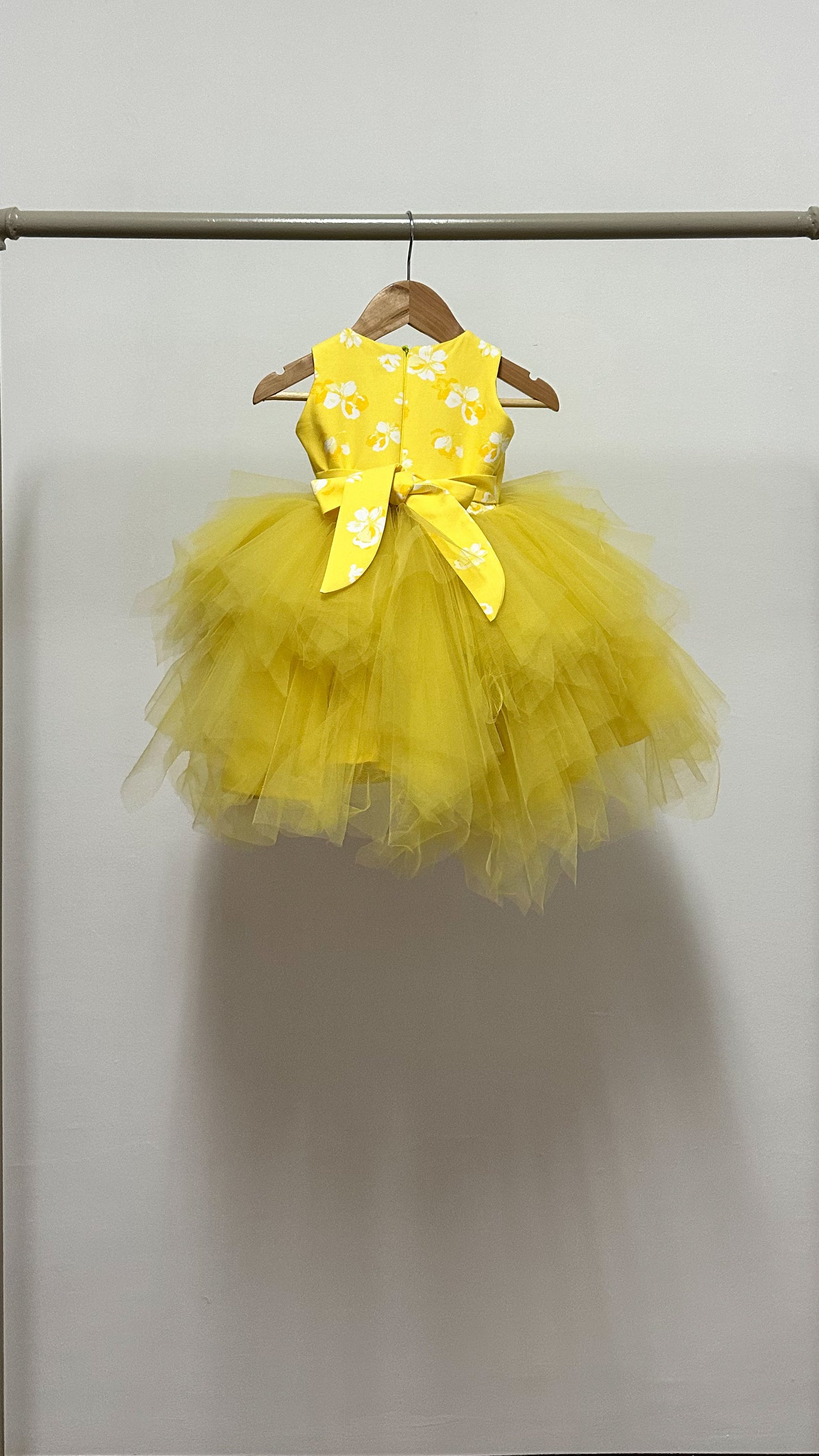 Sleeveless Midi Uneven Hem Tulle Dress - Yellow Floral Cotton