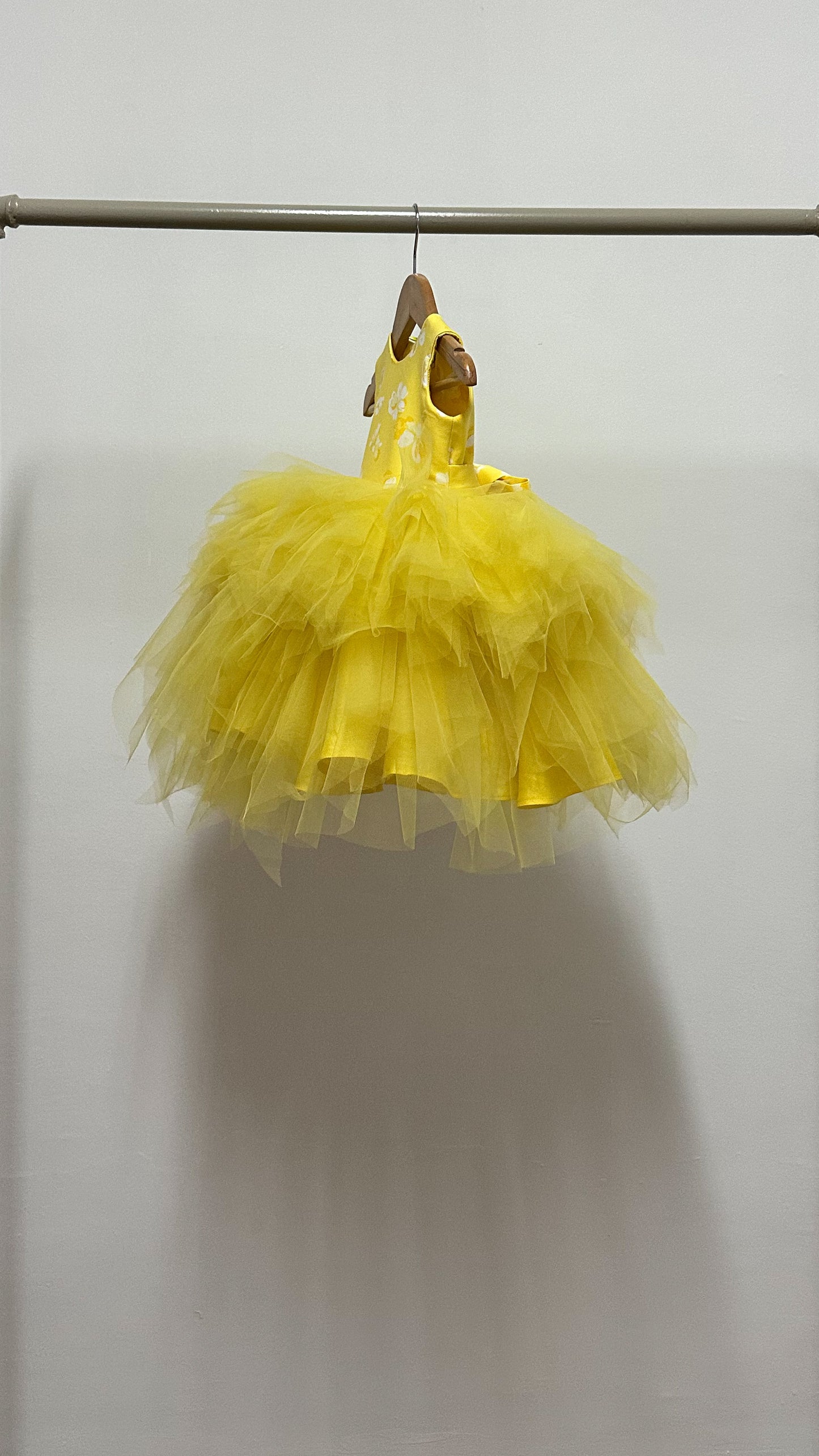 Sleeveless Midi Uneven Hem Tulle Dress - Yellow Floral Cotton