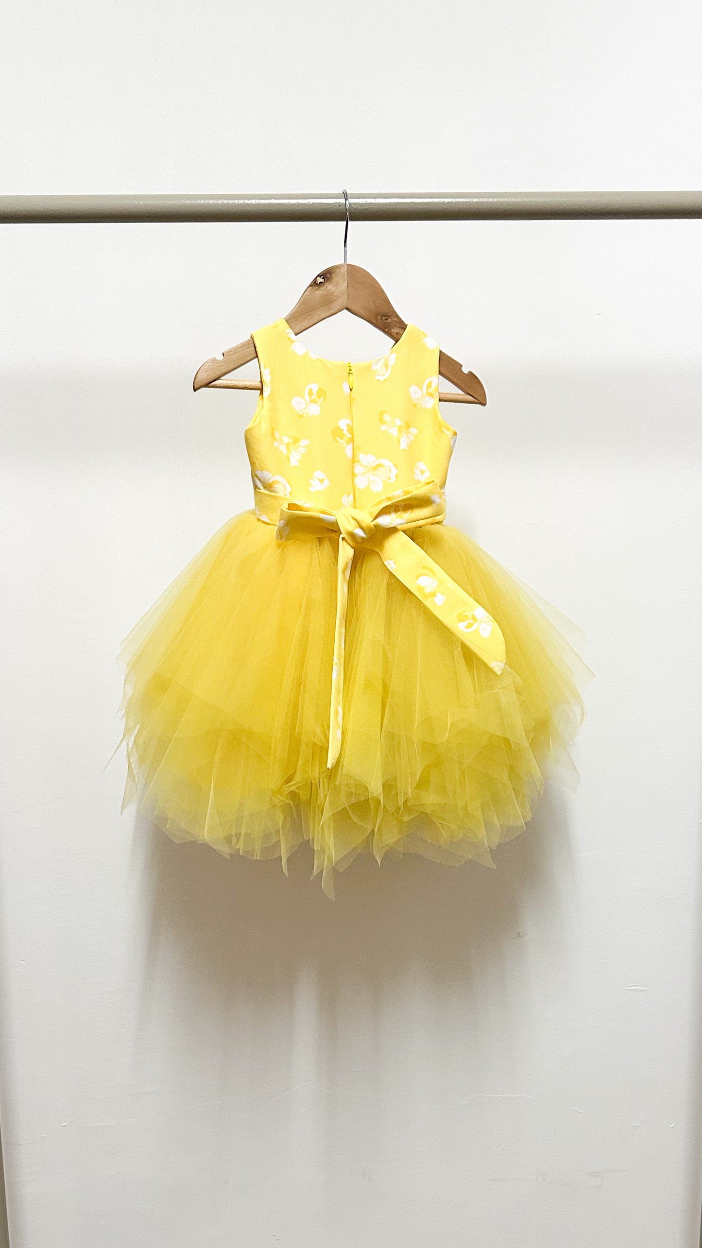 Sleeveless Midi Uneven Hem Tulle Dress - Yellow Floral Cotton