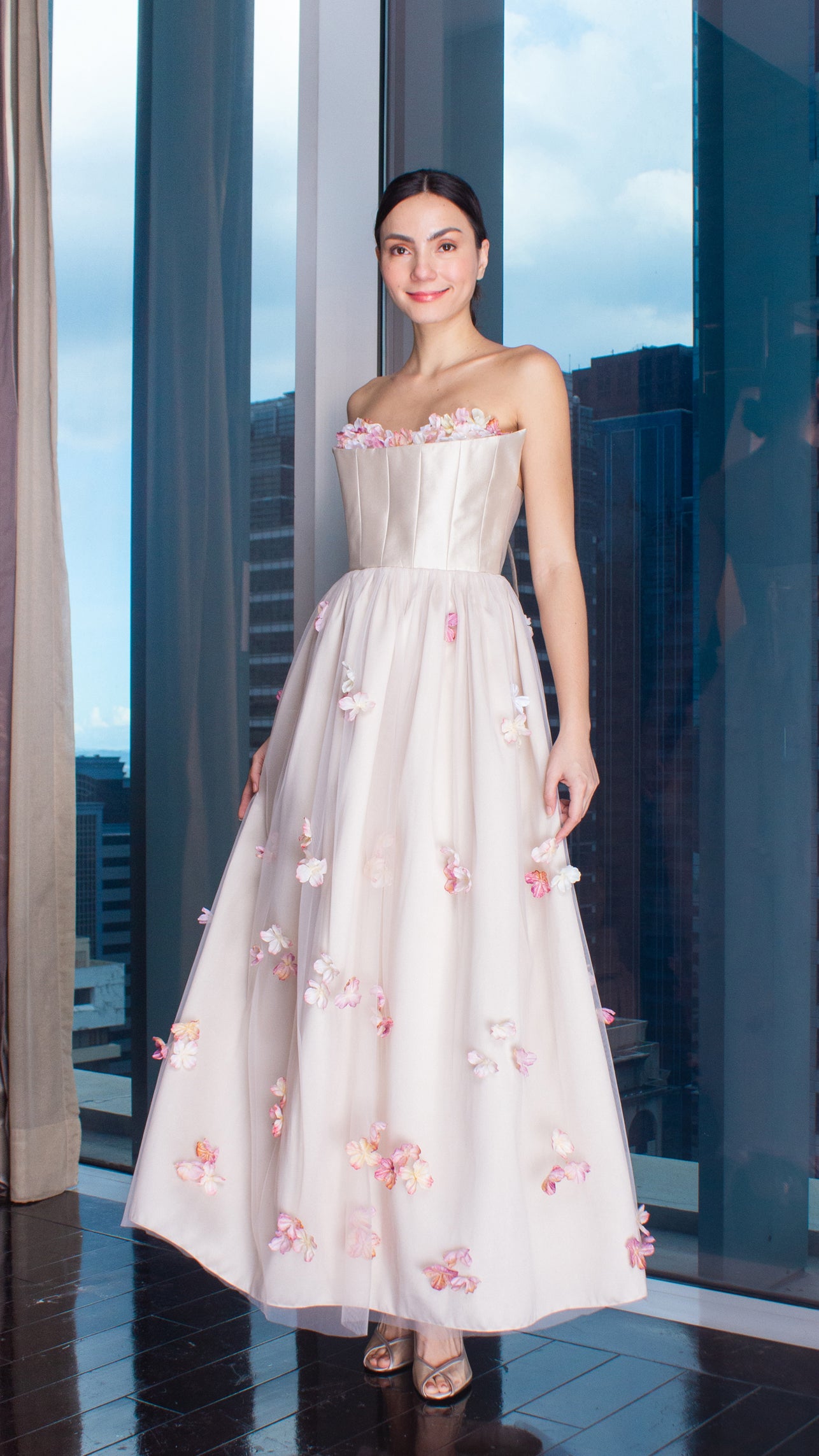 Beige Gazar Summer Peach Floral Full Length Gown