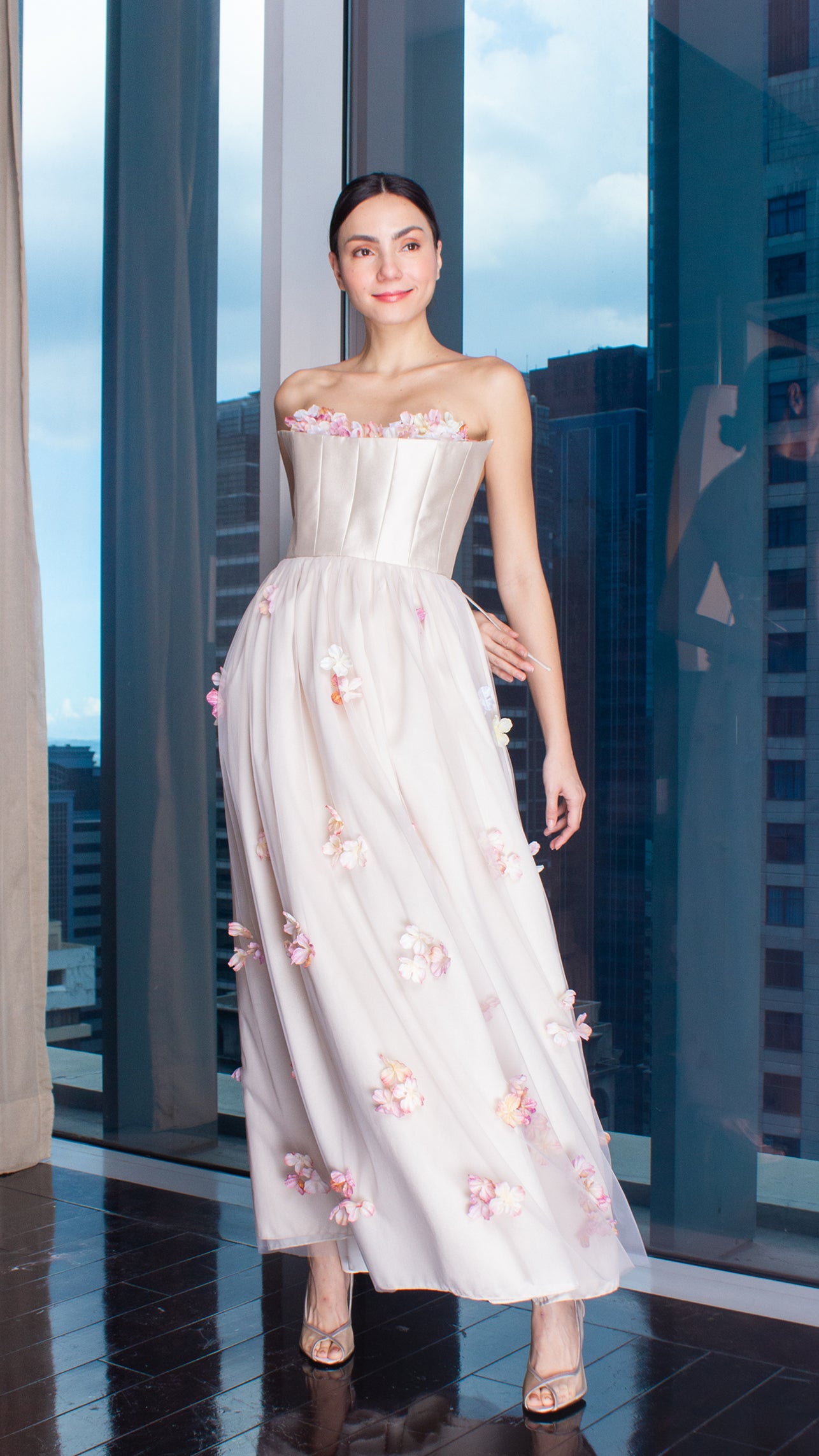 Beige Gazar Summer Peach Floral Full Length Gown