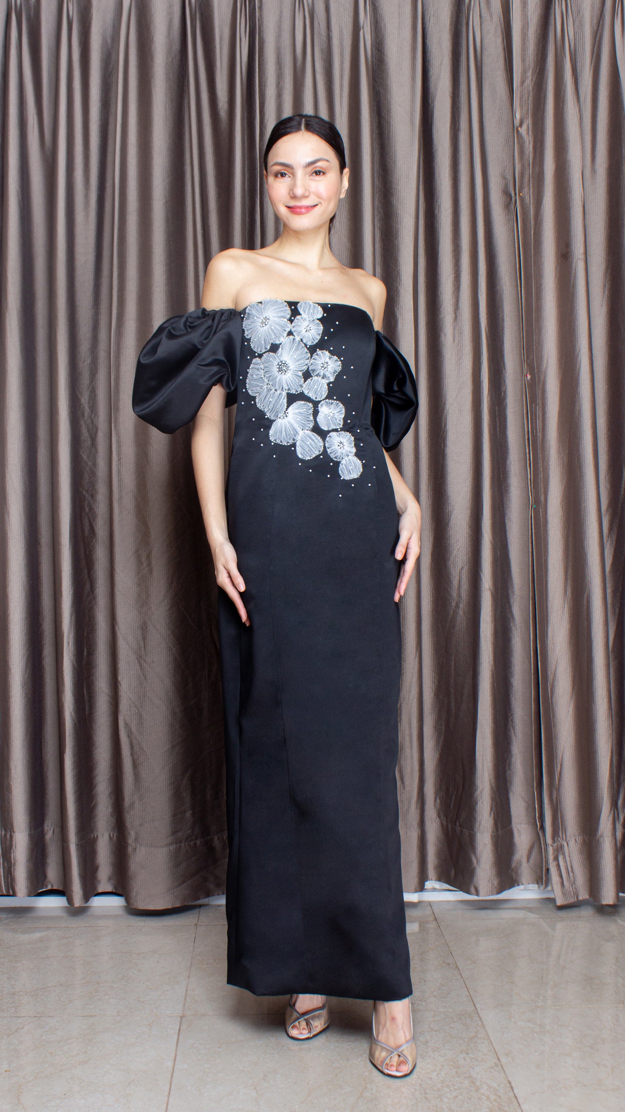 Black Crepe Satin Off-Shoulder Puff Sleeve White Lace Long Gown