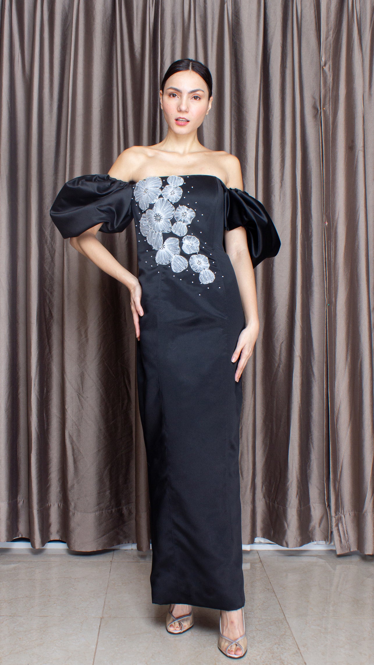 Black Crepe Satin Off-Shoulder Puff Sleeve White Lace Long Gown