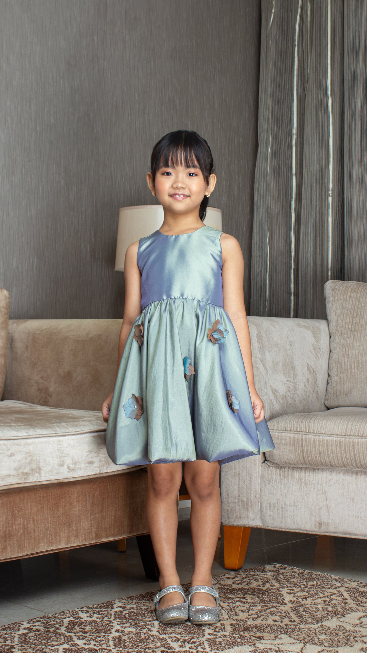 Sleeveless Mushroom Dress with Florets -  Sage