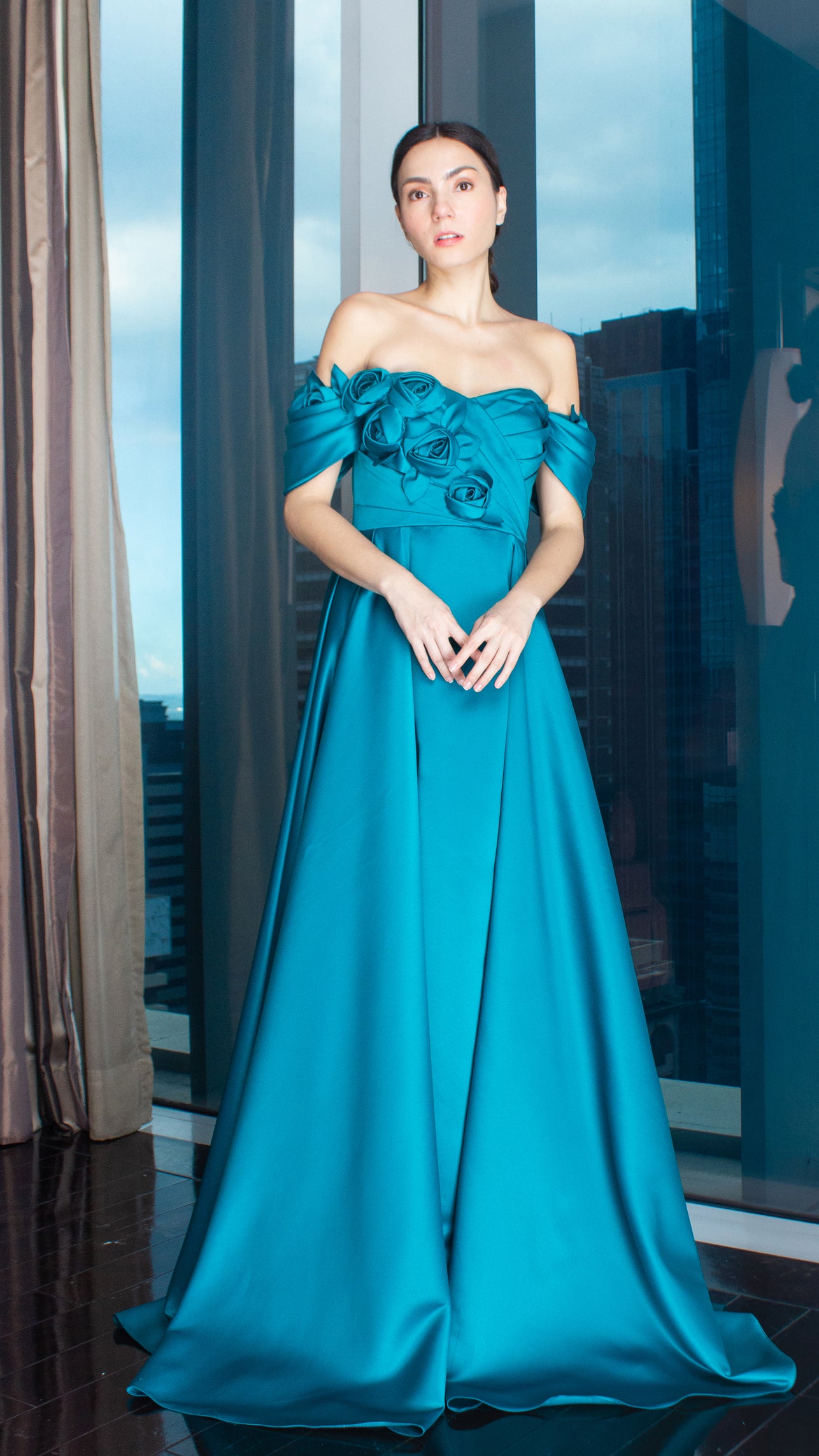 Teal Blue Florette Front and Off-Shoulder Pleated Gown with Overlay Skirt