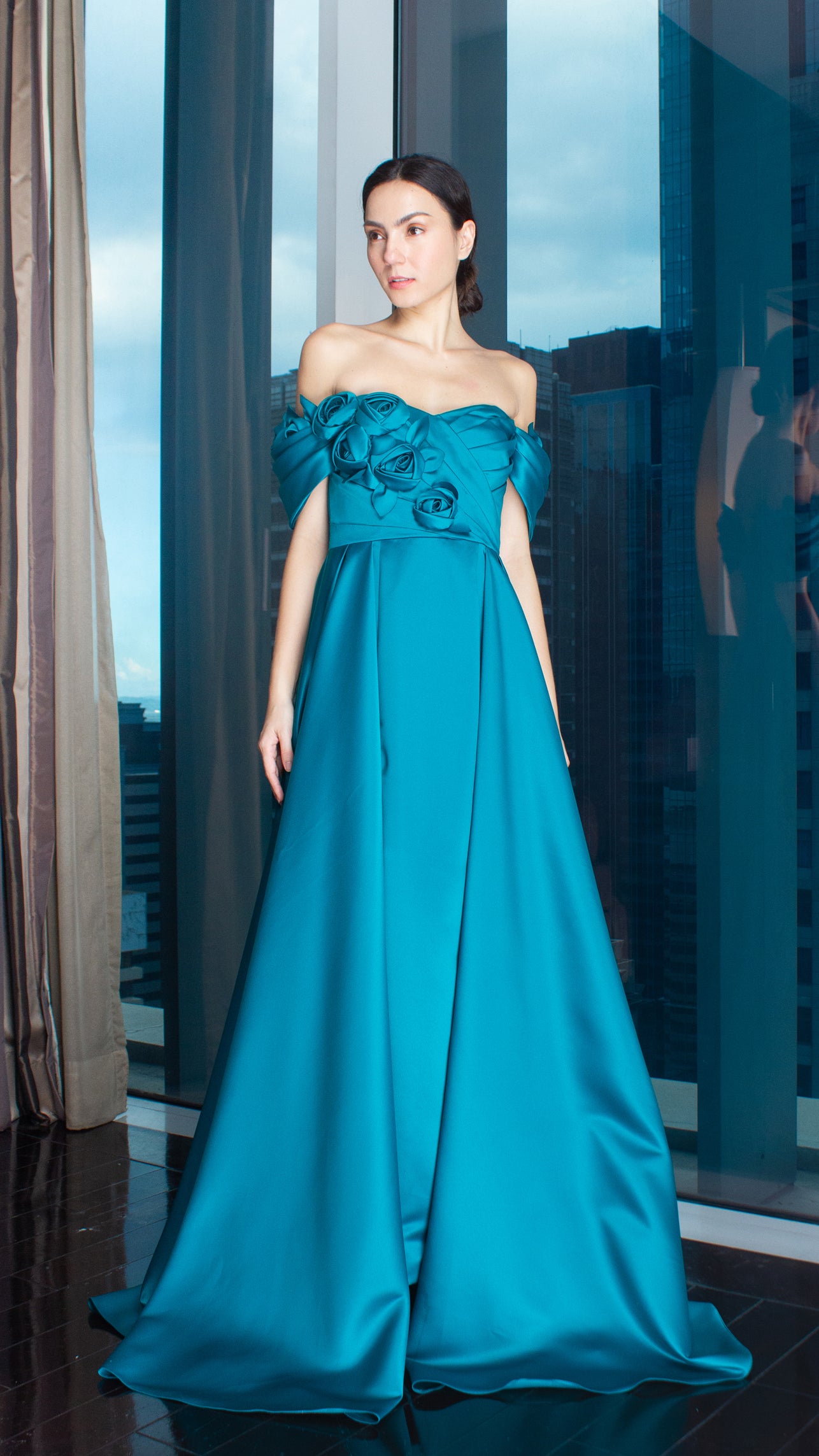 Teal Blue Florette Front and Off-Shoulder Pleated Gown with Overlay Skirt